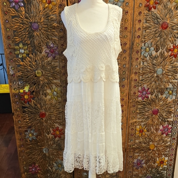 Carre Noir Crochet Butterfly Boho Ruffled Lace Midi Sun Dress White Size Medium - Picture 1 of 12